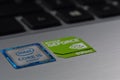 Intel core i5 logo, nvidia geforce on laptop, use for editorial illustration content Royalty Free Stock Photo