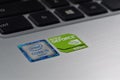 Intel core i5 logo, nvidia geforce on laptop, use for editorial illustration content