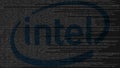 Intel Corporation logo made of source code on computer screen. Editorial 3D rendering Royalty Free Stock Photo