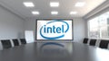 Intel Corporation logo on the screen in a meeting room. Editorial 3D animation