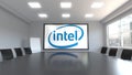 Intel Corporation logo on the screen in a meeting room. Editorial 3D rendering Royalty Free Stock Photo