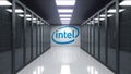 Intel Corporation logo on the wall of the server room. Editorial 3D rendering Royalty Free Stock Photo