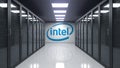 Intel Corporation logo on the wall of the server room. Editorial 3D rendering Royalty Free Stock Photo