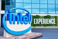 Intel logo near worldwide corporation headquarters in Silicon Valley. Royalty Free Stock Photo