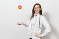 Intellectual doctor woman. Female doctor in medical gown stethoscope. Healthcare personnel medicine concept Royalty Free Stock Photo