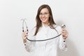 Intellectual doctor woman. Female doctor in medical gown stethoscope. Healthcare personnel medicine concept Royalty Free Stock Photo