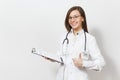 Intellectual doctor woman. Female doctor in medical gown stethoscope. Healthcare personnel medicine concept Royalty Free Stock Photo