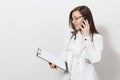 Intellectual doctor woman. Female doctor in medical gown stethoscope. Healthcare personnel medicine concept Royalty Free Stock Photo