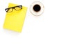 Intellectual entertainment concept. Books with empty cover near glasses, coffe, plant on white desk top view space for