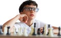 intellectual giftedness child with glasses and chess pieces Royalty Free Stock Photo