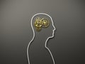 Intelligence, healthy mind, creativity concept. Golden clockwork mechanism inside a human silhoutte on gray background. Digital 3D