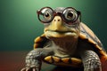 Intelligence meets cuteness, turtle with glasses on red backdrop, blurred green