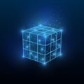 Intelligence and tech innovations. Glowing polygonal Rubik cube on dark blue background, illustration