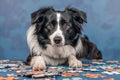 Intelligent Black and White Border Collie Dog Solving Puzzle Game on Blue Background Royalty Free Stock Photo