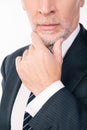 Intelligent businessman with gray beard ponders putting his hand on chin