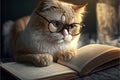 Intelligent cat wearing glasses for reading a book. Education Concept. Generative AI Royalty Free Stock Photo