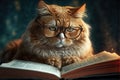 Intelligent cat wearing glasses for reading a book. Education Concept. Generative AI Royalty Free Stock Photo