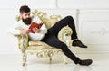 Intelligent concept. Man with beard and mustache sits on armchair and reads book, white wall background. Macho smart Royalty Free Stock Photo