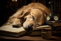 Intelligent Dog asleep reading. Generate Ai