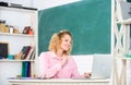 Intelligent girl student. Online community for teachers. Teachers day. Modern school. Woman work online. Distance Royalty Free Stock Photo