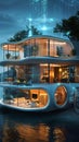 Intelligent living space Futuristic house with digital navigation interface