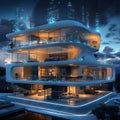 Intelligent living space Futuristic house with digital navigation interface