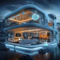 Intelligent living space Futuristic house with digital navigation interface