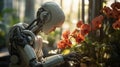 Intelligent robot growing flowers in the greenhouse. Artificial intelligence helping in horticulture. Generative AI