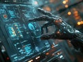 Intelligent robot machine using digital screens interface with his hands. digital background. AI Generated Royalty Free Stock Photo