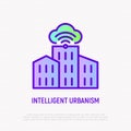 Intelligent urbanism thin line icon. Cloud computing technology in building. Modern vector illustration