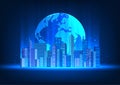 Intelligent world technology There is a big globe with a smart city in front. Intelligent technology that accesses global