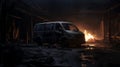 Intense Action: Burned Out Van In A Dynamic Cryengine Room Royalty Free Stock Photo