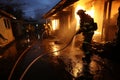 Intense action. firefighter douses house fire from behind with powerful jets of gushing water