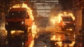 Intense action scene with two vehicles engulfed in flames inside a warehouse. explosive, dramatic imagery suitable for