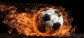 Intense action shot fiery soccer ball swirling and igniting the goal net in spectacular flames