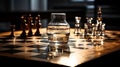 Intense Battle: Abstract Glass Chessboard on Polished Wooden Table