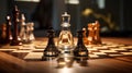 Intense Battle: Abstract Glass Chessboard on Polished Wooden Table