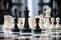 Intense Battle: Black and White Chess Pieces on Marble Chessboard