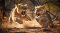 Intense Battle Between Two Lionesses in the Wild. Generative AI Royalty Free Stock Photo