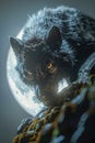 Intense Black Wolf with Glowing Eyes in a Dramatic Moonlit Night Scene, Predatory Gaze in a Wild Fantasy Setting Royalty Free Stock Photo