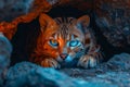 Intense Blue Eyed Feline Gazing from Shadows, Vibrant Orange and Blue Hues in Nature Setting Royalty Free Stock Photo