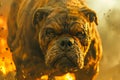 Intense Bulldog Staring Forward with Fiery Background, Dramatic Canine Portrait, Dog\'s Brave Expression Amidst Flames