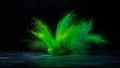 Intense burst of neon green powder explodes dramatically against a deep black background creating dynamic abstract shapes and fine Royalty Free Stock Photo
