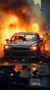 Intense car accident, depicting a hazardous collision and fire Royalty Free Stock Photo