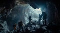 Cave rescue operation with team of speleologists exploring rugged terrains Royalty Free Stock Photo