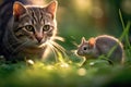 Intense Chase between Cat and Rat in Morning Forest
