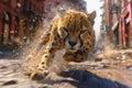 Intense Cheetah in Full Sprint on Urban Street with Dynamic Dust Trail and Impactful Motion Blur Effect