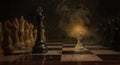 Chessboard Faceoff with Dramatic Lighting Black King Versus White Pawn on Board with Fog Battle Royalty Free Stock Photo