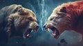 Intense clash, angry bears engage in a fierce battle against a striking bright backdrop