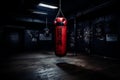 Intense Clash: Red Punching Bag Meets Black and Blue Boxing Gloves